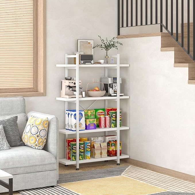 Bookshelf 4 Tiers White Wooden Storage Shelf,Modern Open Display Storage Bookcase Book Organizer,Metal Bookshelf Standing Storage Shelf Tall Shelving Units for Home Office Study