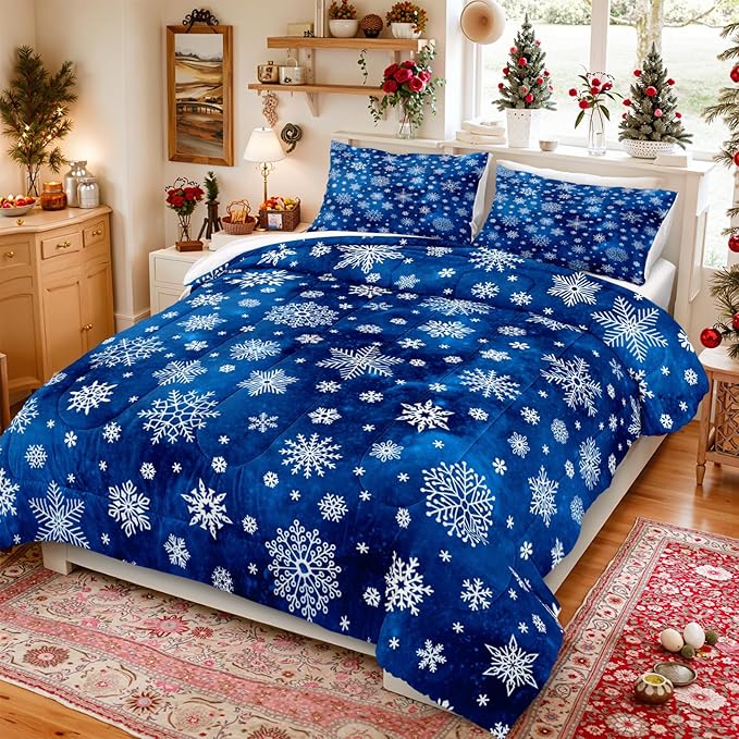 Bedorm Blue Snowflake Comforter Merry Christmas Bedding Set Xmas Holiday Theme Blue White Winter Bedding Happy New Year Quilt Comforter Set