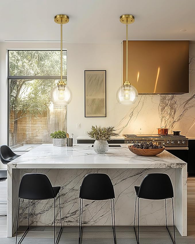 Modern Polished Gold Pendant Light, 7Inch Mid Cenrury Globe Hanging Light Fixture with Clear Glass for Kitchen Island Dining Room Bedroom Hallway Foyer (1 Pack), PL101BG