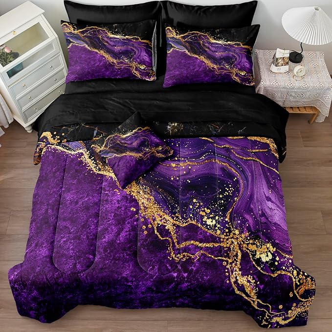 Gold Comforter Set 8 Pcs Purple Marble Bedding Set King Size Bed in A Bag Purple and Black Marble Stone Texture Abstract Room Decor Bed Comforter