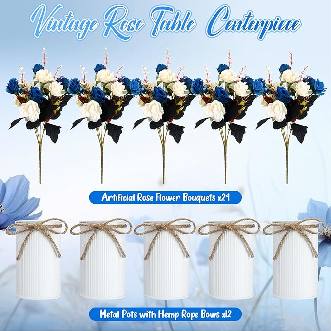 Domensi 12 Sets Wedding Centerpiece for Table Artificial Rose with Vase Fake Bouquets and Metal Pot Floral Arrangements for Holiday Party Event Table Decor (Dark Blue)