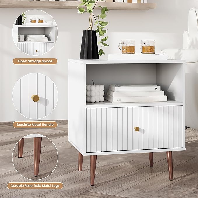 White Night Stand Set 2,Modern Bedside Table with Door and Open Storage,Fluted Nightstand and Wood End Side Table with Rose Gold Metal Legs and Handles for Bedroom,Living Room,White