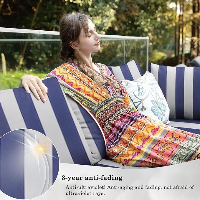 Outdoor Furniture Replacement Cushions, 14 Pcs Water-Resistant Replacement Sofa Cushion for Patio Garden Porch (Liner&Cover,Only Cushion No Sofa) (Blue & White Stripes)