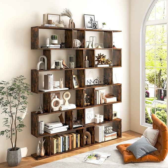 Tangkula 6-Tier Geometric Bookcase, Modern S-Shaped Storage Display Bookshelf for Living Room, Anti-Toppling Device, Home Office Wooden 6 Shelf Open Bookcase (2, Coffee)