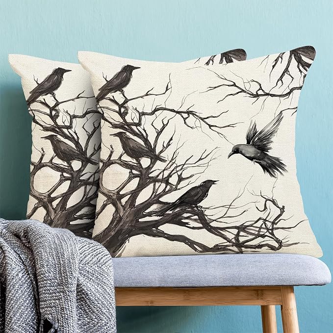 Halloween Pillow Covers 24x24 inches Set of 2 Black Crows Branch Decorative Farmhouse Throw Pillow Covers Outdoor Halloween Decor Farmhouse Linen Cushion Case for Home Sofa Couch Decoration