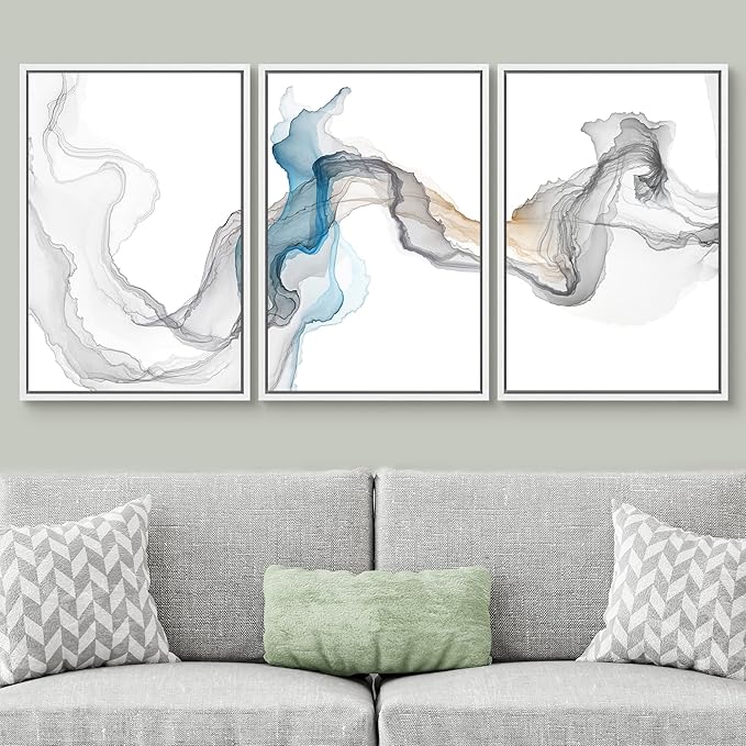 SIGNWIN Framed Canvas Print Wall Art Set Blue Gray Smoke Wave Landscape Abstract Shapes Illustrations Modern Art Decorative Contemporary Colorful for Living Room, Bedroom, Office - 16"x24"x3 White
