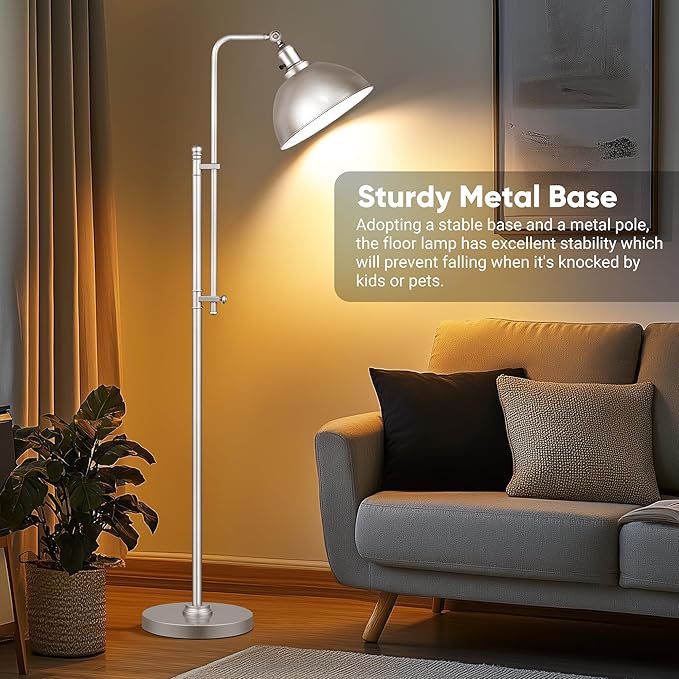PARTPHONER Industrial Floor Lamp Adjustable, Farmhouse Reading Lamp in Silver Finish Modern Standing Lamp with Remote Control Metal Shade for Living Room Bedroom Study Room Office Hotel