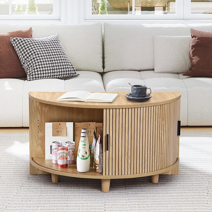 Round Coffee Table, Fluted Coffee Tables with Sliding Doors, Modern Circle Accent Center Table with Storage for Living Room, Apartment, Home Office (Natural)