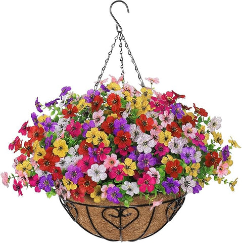 Alynsehom 1 Set Artificial Flowers with Hanging Basket, 1 Outdoor Hanging Plants with 12pcs Faux UV Resistant Fake Silk Azalea in Baskets for Porch Garden Patio Balcony Yard Home Decor(6 Colors)