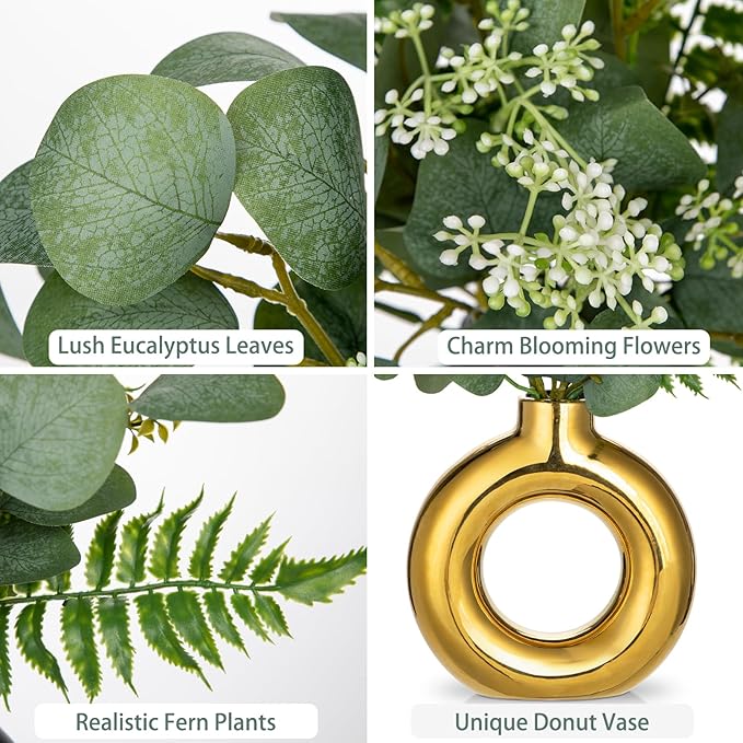 Artificial Eucalyptus Stems in Ceramic Vase 14.23" Fake Eucalyptus Plant Decor Gold Donut Vase with Greenery Centerpiece Table Decorations Small Faux Green Plant for Home Farmhouse Wedding Table Decor