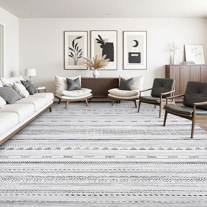 10x14 Area Rugs for Living Room Machine Washable Rug Distressed Indoor Carpet Neutral Moroccan Boho Rug Ultra Soft Area Rug for Bedroom Dining Room Playroom Office, Black