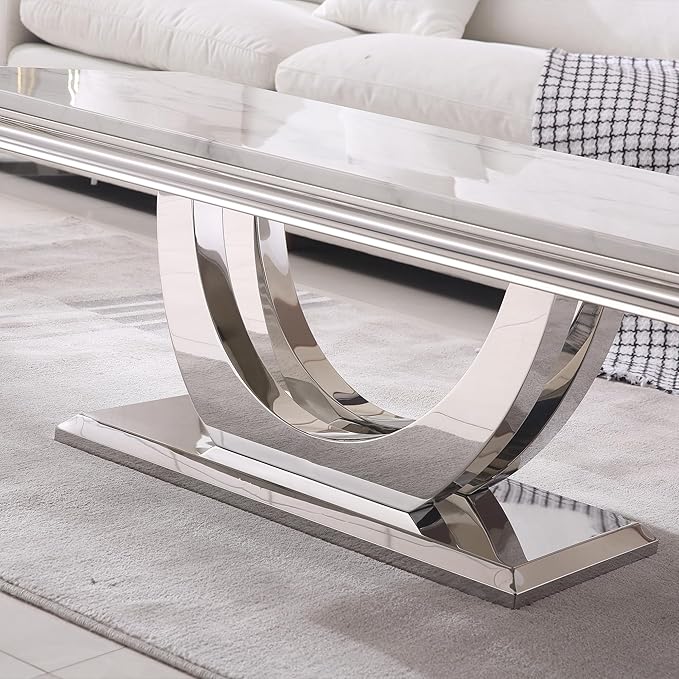 Modern Marble Coffee Table with Stainless Steel Pedestal, 47" Luxury Silver Coffee Table for Living Room, Unique Faux Marble Cocktail Table Rectangle Funky Coffee Center Tables for Living Room