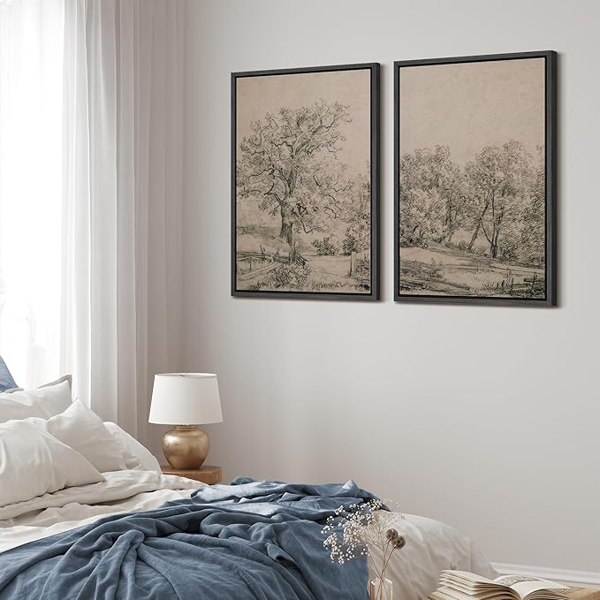 MUDECOR Framed Canvas Print Wall Art Ancient Tree and Country Road Sketch Classic Landscape Pencil Nature Wilderness Illustrations Decorative for Living Room, Bedroom, Office - 16"x24"x2 Black