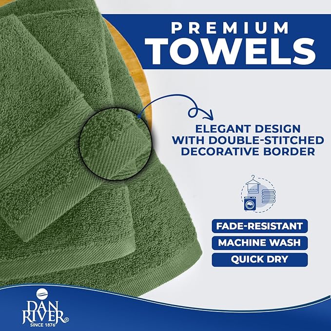 DAN RIVER 8 PC Luxury Bath Towels for Bathroom, 2 Bath, 2 Hand, and 4 Wash Cloths, 600 GSM 100% Ring Spun Cotton Towel Set, Highly Absorbent, Gym, Hotel, and Spa, Sage Green