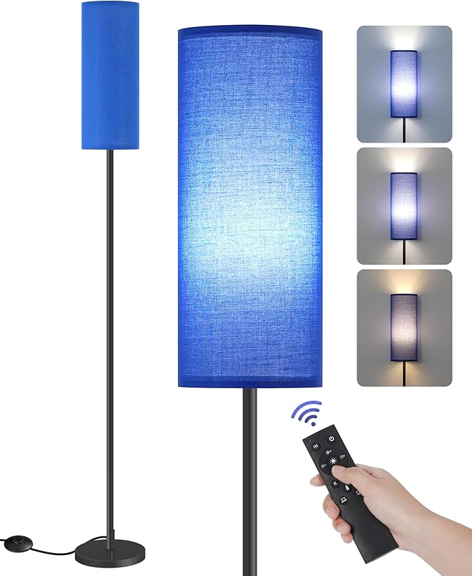 Dimmable Blue Floor Lamp for Living Room with Remote and Foot Switch, Corner Floor Lamp for Bedroom, 66" Standing Tall Lamp, 10W 900LM Bulb Included, 3000K-6500K, Linen Shade, FCC Listed U06LD05W1