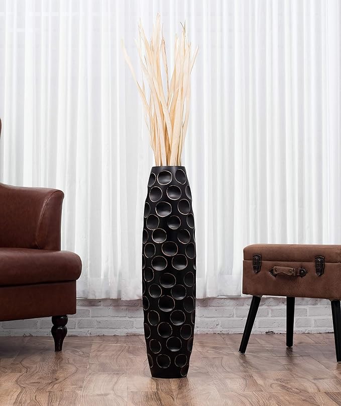 Leewadee Large Black Home Decor Floor Vase – Wooden 26 inches Tall Farmhouse Decor Flower Holder for Fake Plant and Pampas Grass