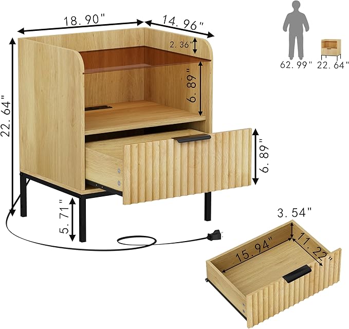 Mid Century Modern Nightstand with Charging Station, Fluted Night Stand, Bedside Table with Glass Top & Metal Legs, Wood End Table for Bedroom, Living Room (Natural)