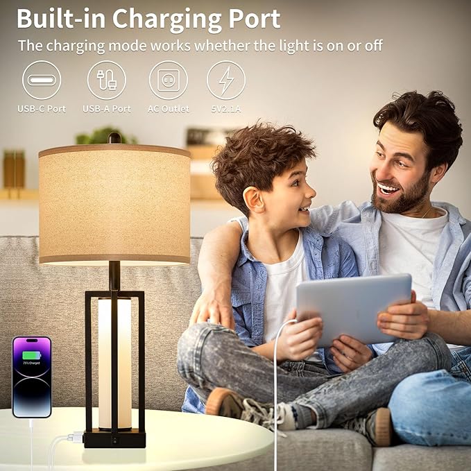 26.6" Farmhouse Table Lamps Set of 2, 3 Way Dimmable Touch Lamps, Modern Nightstand Bedside Lamps with Dual Light Control, USB A+C Ports & AC Outlet, Built-in Night Light for Bedroom End Table