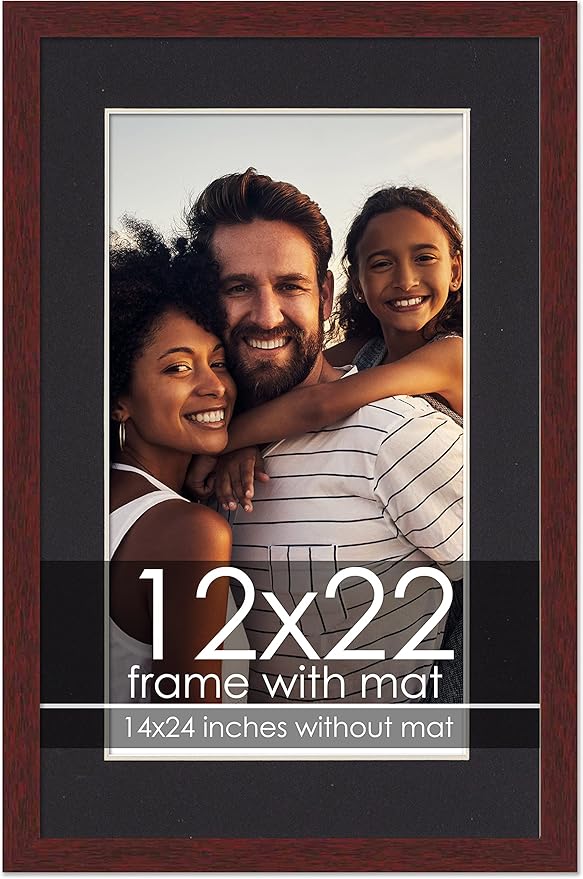 12x22 Frame with Mat - Brown 14x24 Frame Wood Made to Display Print or Poster Measuring 12 x 22 Inches with Black Photo Mat