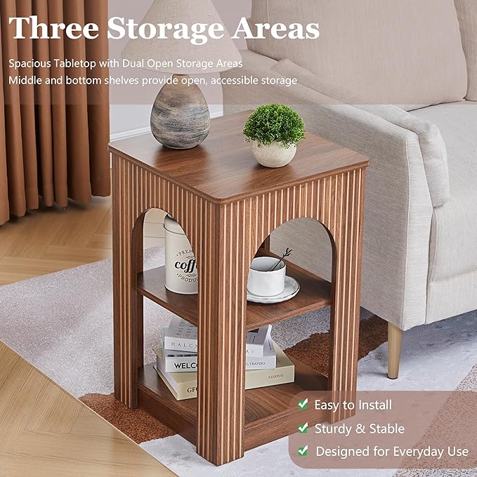 End Table with 3-Tier Storage, Mid-Century Modern Side Table with Arched Carving Lines, Square Fluted Nightstand Accent Table for Living Room, Bedroom, or Office (1, Walnut)