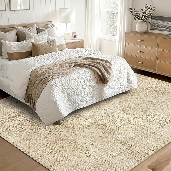 MIULEE 6x9 Vintage Living Room Rug Washable Area Rugs Low Pile Floor Mat for Bedroom Dining Room Non-Slip Stain Resistant Soft Indoor Carpet for Home Decor, Neutral Beige