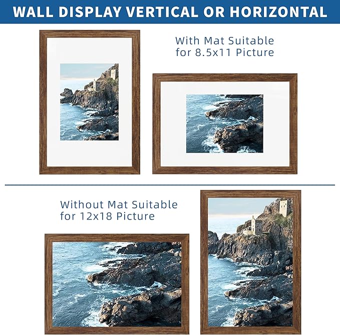 12x18 Frame Set of 2, Rustic Brown Wood Style, Display 12 x 18 Poster without Mat or 8.5x11 Picture with Mat, Wall Mounting Horizontal and Vertical