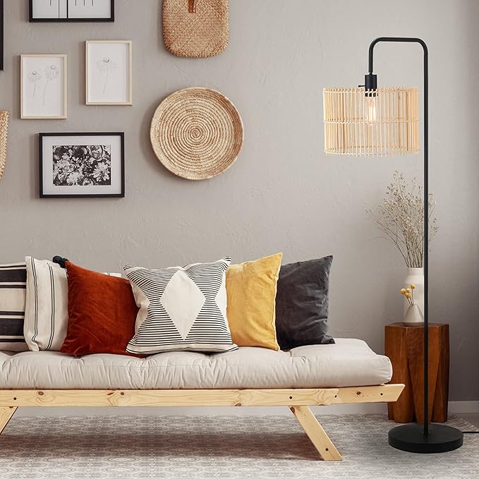 GLOBE Electric Barden 58" Floor Lamp, Matte Black, Bamboo Shade, On/Off Rotary Switch on Socket