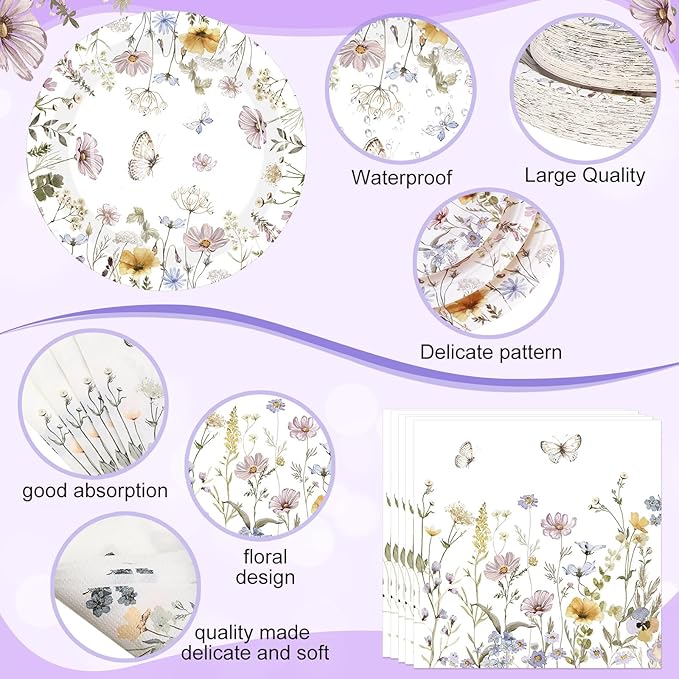 400 Pcs Wild Floral Disposable Paper Plates Napkins Cups Serve 50 Watercolor Floral Tableware Set for Spring Wedding Tea Party Decoration Bridal Shower Baby Shower(Elegant Color,Chic Style)