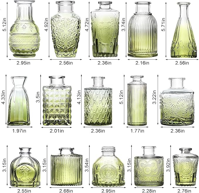 Arme Bud Vase Set of 32, Green Vases Glass Bud Vases in Bulk, Small Vases for Centerpieces Mini Flower Vase Set Cute Vintage Glass Vase Set for Flower Wedding Home Centerpiece Table Decorations