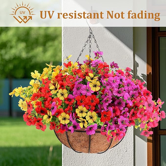 Geegoods 2 Set Artificial Hanging Plants Flowers Basket for Outdoor, Fake Faux UV Sun Resistant Look Real Colorful Violet Hanging Flowers for Spring Summer Porch Home Patio Balcony Yard