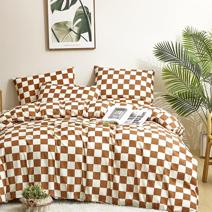 CLOTHKNOW Pumpkin Plaid Comforter Sets Twin/Twin XL 3Pcs Brown Grid Bedding Comforter Sets Rust Bedding Sets