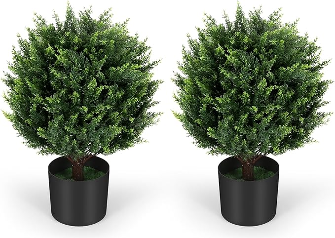 21''T Artificial Cedar Topiary Ball Tree 2 Pack, Outdoors Artificial Shrubs Fake Plants Uv Rated Potted Plants for Outdoor, Indoor, Front Door, Office Decor.