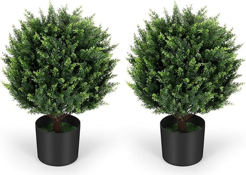 21''T Artificial Cedar Topiary Ball Tree 2 Pack, Outdoors Artificial Shrubs Fake Plants Uv Rated Potted Plants for Outdoor, Indoor, Front Door, Office Decor.