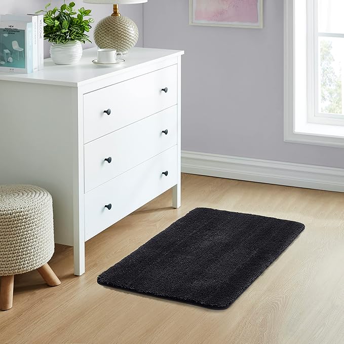 YHF Bathroom Rugs 20" X 32", Extra Thick & Soft Microfiber Shaggy, Machine Washable Bath Mats, Absorbent Bath Rugs, Non-slip Rubber Backing Bath Mat for Bathroom Floor, Tub and Shower, Black