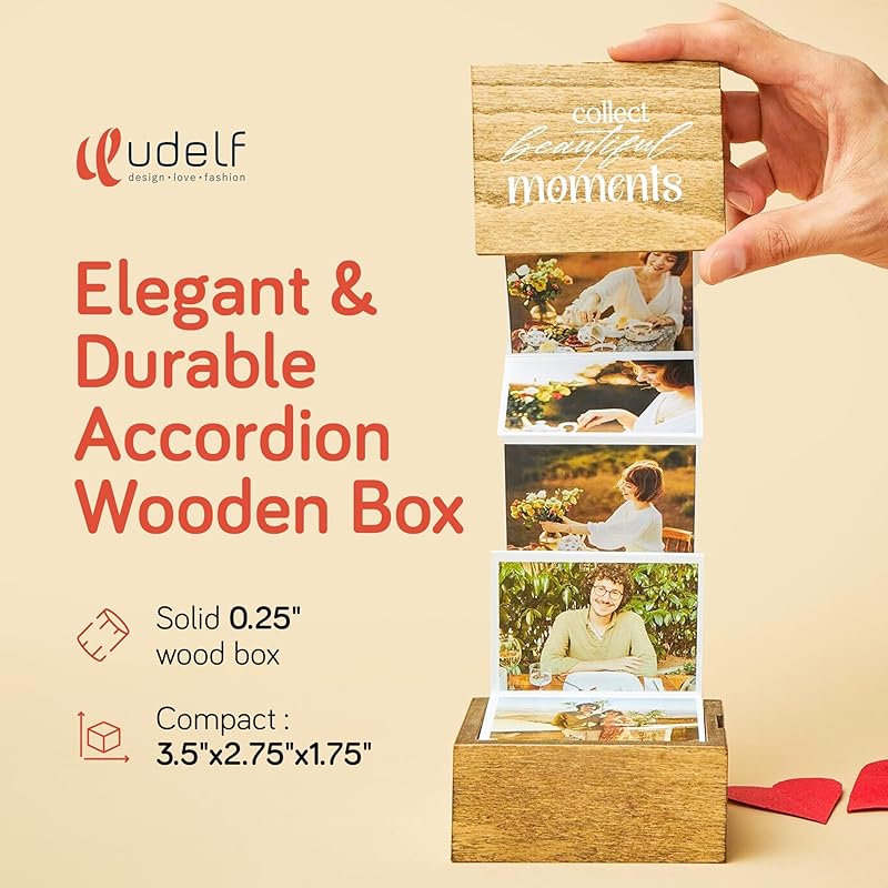 udelf Personalized Wooden Photo Box Gift with Accordion Picture Pull Out | Custom Photo Album Box | Personalized Photo Box Gift for Any Occasion | Picture Box Gift I Holds 14 Photo Prints, 3"x2"