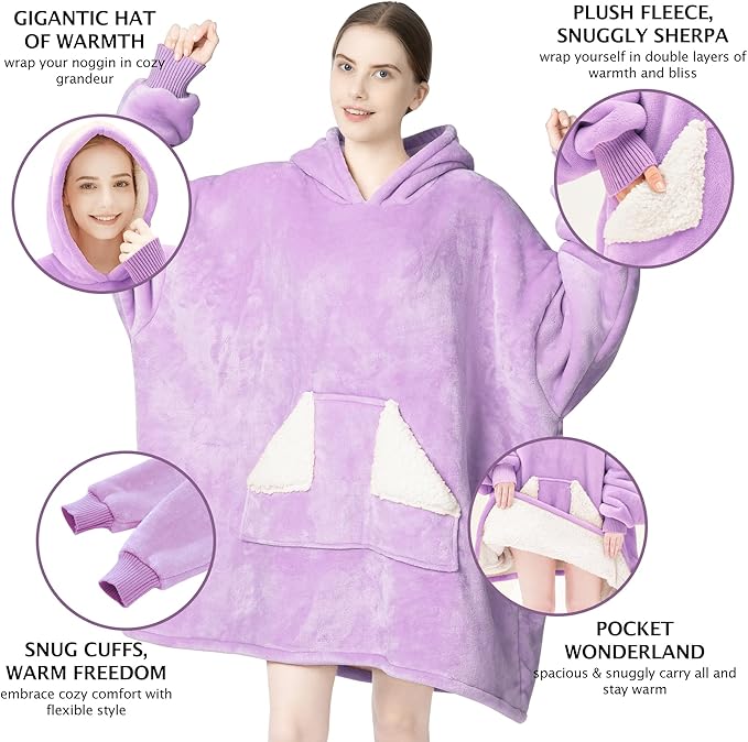 Touchat Wearable Blanket Hoodie, Oversized Sherpa Blanket Sweatshirt with Hood Pocket and Sleeves, Super Soft Warm Plush Hooded Blanket for Adult Women Men (Purple)