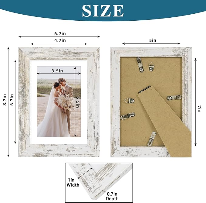 5x7 Picture Frame Set of 2, Made of Real Glass and Distressed White Wooden Frame - Display Pictures 4x6 with Mat or 5x7 Without Mat, 5 by 7 Photo Frame for Wall or Tabletop Display