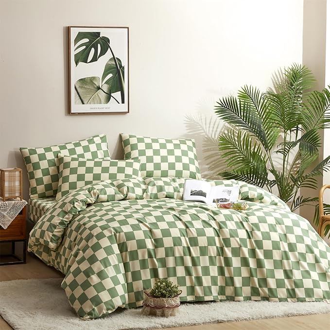 Pureant Green White Plaid Comforter Sets Queen Women Men Sage Green Checkerboard Grid Bedding Comforters Cotton Boys Girls Modern Grass Green and White Checkered Geometric Quilts Luxury Abstract Bed