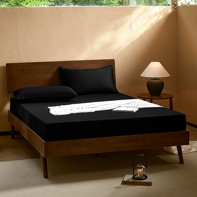 EVERLY King Sheets Set,Luxuriously 400 Thread Count Organic Viscose Derived from Bamboo Bed Sheet,Cooling Sheets for King Size 4 Piece Deep Pockets Bedding Sheets &Pillowcases-Black