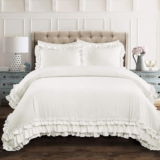 Lush Decor Ella Ruffle Lace Comforter, 3 Piece Set, Full/Queen, White - Cute Comforter - Queen Bedding Set - White Bedding Full Size - Coquette Decor - Ruffle Trim - Lace Trim