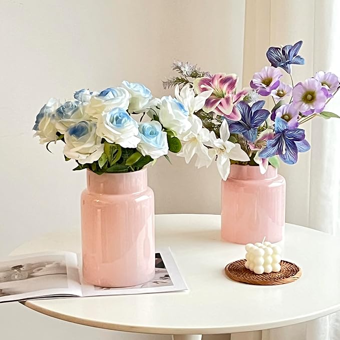 BLOFLO Pink Glass Vase, 7 Inch Large Glass Vase for Flowers, Modern Thick Glass Flower Vases for Centerpieces, Decorative Glass Cylinder Hydroponic Vase for Wedding, Home, Office (Pink, 7Inch)