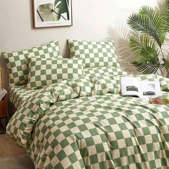 CLOTHKNOW Green White Plaid Comforter Set King 3Pcs Grid Bedding Comforter Sets All Season Checkerboard Comforter with 2 x Pillow Cases
