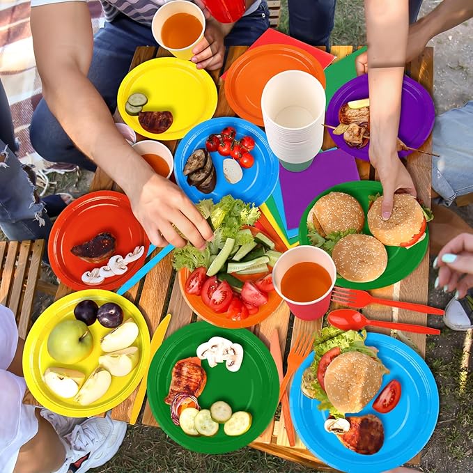 Durony 504-Piece Party Tableware Set - Rainbow Disposable Serves 72 Guests - 7" & 9" Paper Plates, 9oz Cups, Napkins, Plastic Cutlery, Decorations, Neon Supplies
