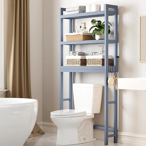 Smiry Over The Toilet Storage Cabinet, 3-Tier Bamboo Bathroom Organizers with Adjustable Shelf & 4 Hooks, Space Saving Shelf Rack for Bathrooms, Laundry Room, Balcony, Grey