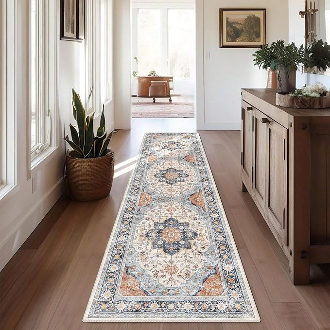 vivorug Runner Rug 2'x8' Washable Non-Slip Boho Runners for Hallways Kitchen Entryway Laundry Room Carpet Hallway Runner Orange/Navy
