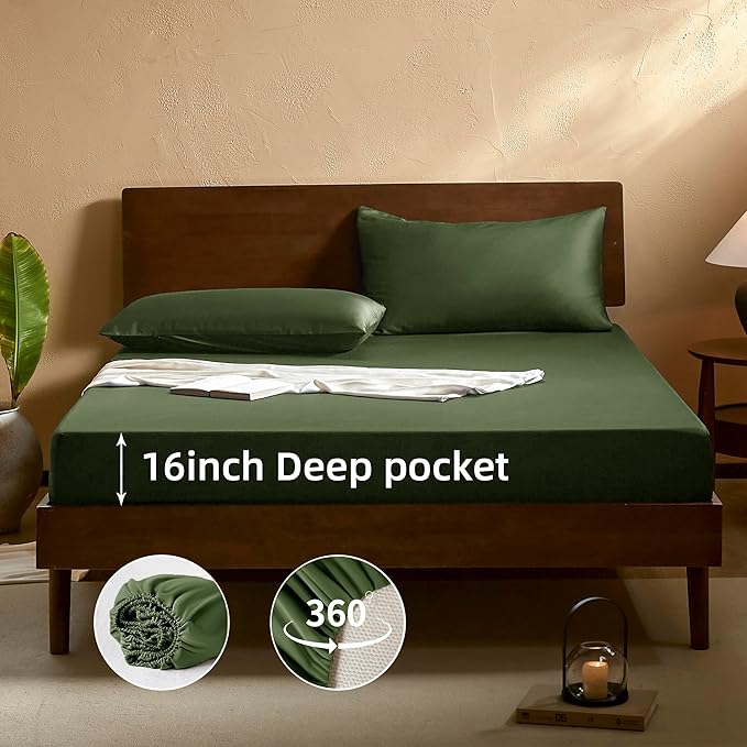 EVERLY King Sheets Set,Luxuriously 400 Thread Count Organic Viscose Derived from Bamboo Bed Sheet,Cooling Sheets for King Size 4 Piece Deep Pockets Bedding Sheets &Pillowcases-Dark Green