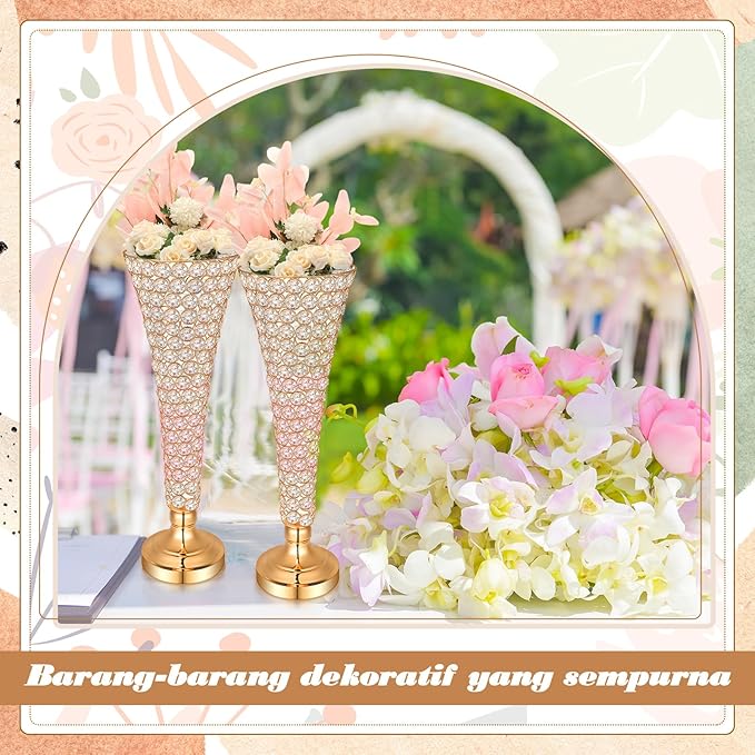 Rtteri 4 Pcs 20 Inch Tall Crystal Vase for Centerpieces Wedding Metal Crystal Trumpet Flower Vase Stand for Table Floor Wedding Party Favor Banquet Celebration, Classic Elegance(Gold)