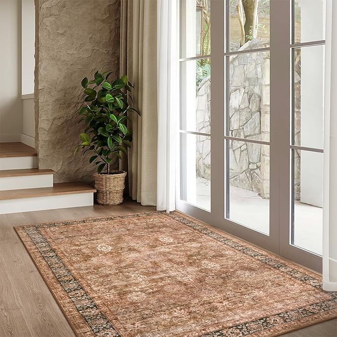 Morebes Vintage Area Rug 4x6 -Washable Brown Living Room Rug, Soft Rug for Bedroom Non-Slip Non-Shedding Faux Wool Throw Rug Distressed Large Carpet for Farmhouse Office Indoor
