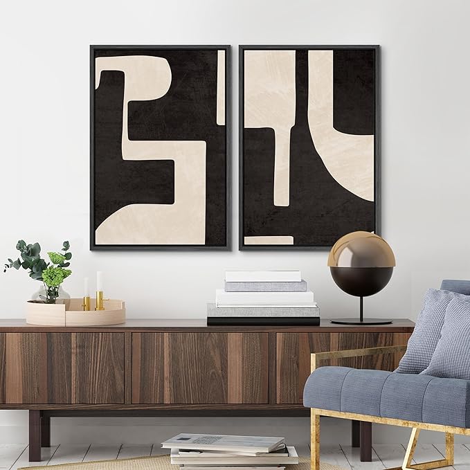 MUDECOR Framed Canvas Print Wall Art Black & White Geometric Paint Stroke Decor Abstract Nature Illustration Modern Art Decorative Multicolor Geometric Minimal for Bedroom - 24"x36"x2 Black