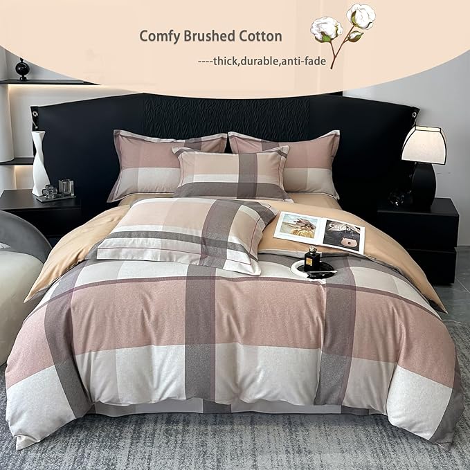 VM VOUGEMARKET Brushed Cotton Duvet Cover Set King,Brown Plaid Geometric Duvet Cover Matching 2 Pillow Shams,Soft Warm Cozy Bedding Set for Men Women
